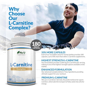 L-Carnitine Tartrate Complex 2200Mg - 180 Vegan Capsules - with Chromium, Riboflavin, Biotin, Vitamin D, B3 & B6 - High Strength L Carnitine Supplement - Made in the UK - Nu U Nutrition