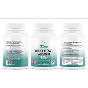 Vinco Beetroot Capsules - 1200Mg Organic Beetroot Powder per Serving - Uk-Made, Non-Gmo, Gluten-Free, Vegan Food Beet Root Supplements - Support Blood Pressure, Digestion, Immune System - 200 Capsules