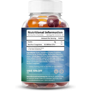 Probiotic + Prebiotic Fiber Gummies Sweetened with Stevia and Tapioca - Suitable for Kids & Adults, for Better Gut Health, High Potent Probiotics & Fiber - 60 Strawberry, Lemon, Blueberry Gummy