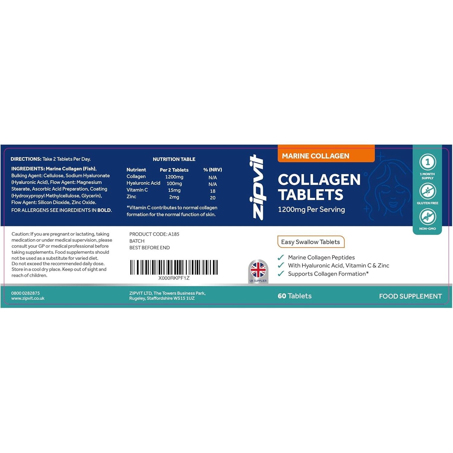 Zipvit Marine Collagen 1200Mg Tablets with Hyaluronic Acid, Vitamin C, and Zinc. High Strength Type 1 Collagen for Men and Women, Supports Hair, Skin, and Nails, 60 Tablets, 1 Month Supply