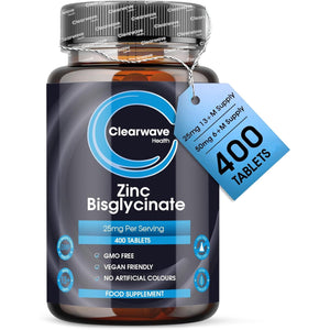 High Strength Zinc Tablets 50Mg in Bisglycinate | 400 Vegan Tablets | 6+ Months Supply | High Absorption Zinc Supplements for Men and Women | by Clearwave Health