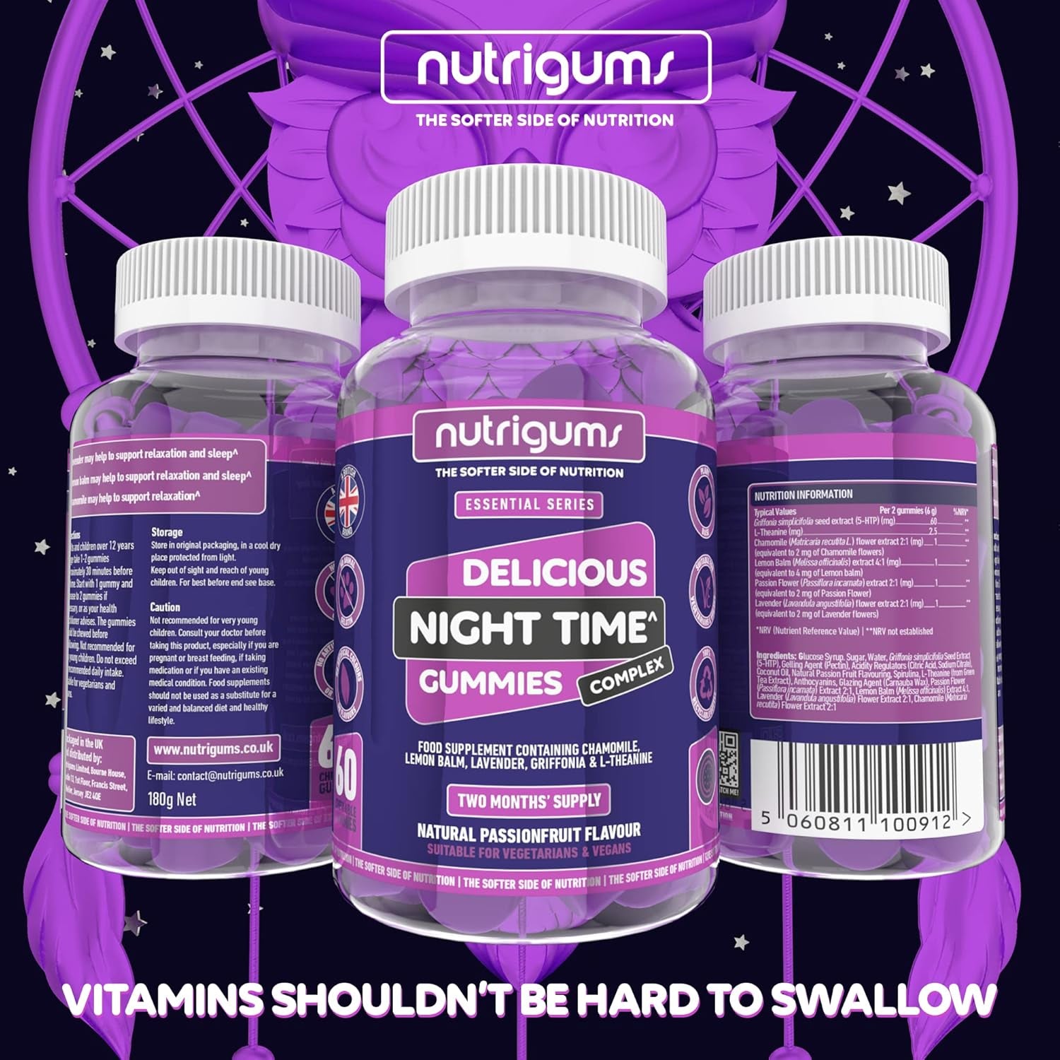 Night Time Complex Gummy | Chamomile, Lemon Balm, Lavender, Griffonia & L-Theanine | Passionfruit Flavour | 60 Vegan Gummies | Sleep & Bed Relaxation Support by NUTRIGUMS®
