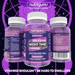 Night Time Complex Gummy | Chamomile, Lemon Balm, Lavender, Griffonia & L-Theanine | Passionfruit Flavour | 60 Vegan Gummies | Sleep & Bed Relaxation Support by NUTRIGUMS®