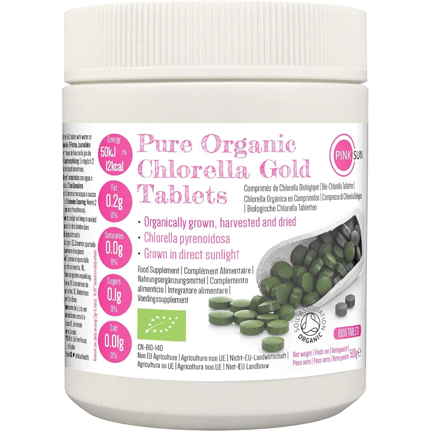 PINK SUN Organic Chlorella Tablets 500Mg X 1000 Tabs Pyrenoidosa Broken Cell Wall Cracked Gluten Free Non GMO Vegetarian Vegan Certified Organic by the Soil Association 500G Bulk Buy