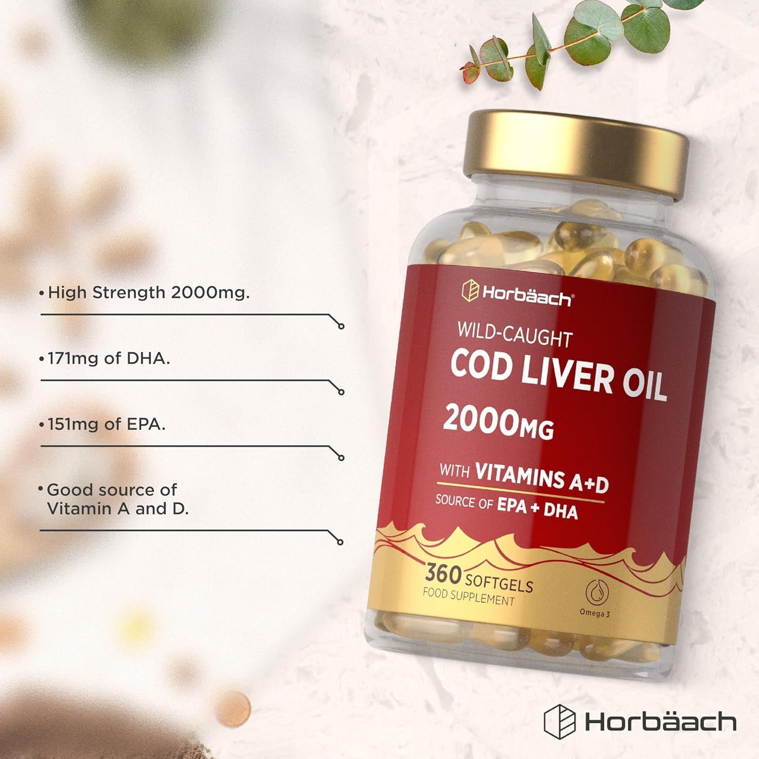Cod Liver Oil Capsules High Strength | 2000Mg | 360 Count | with Omega 3, Vitamin D and a | with 171Mg of DHA and 151Mg of EPA | Rich in Omega 3 Fatty Acids | by Horbaach