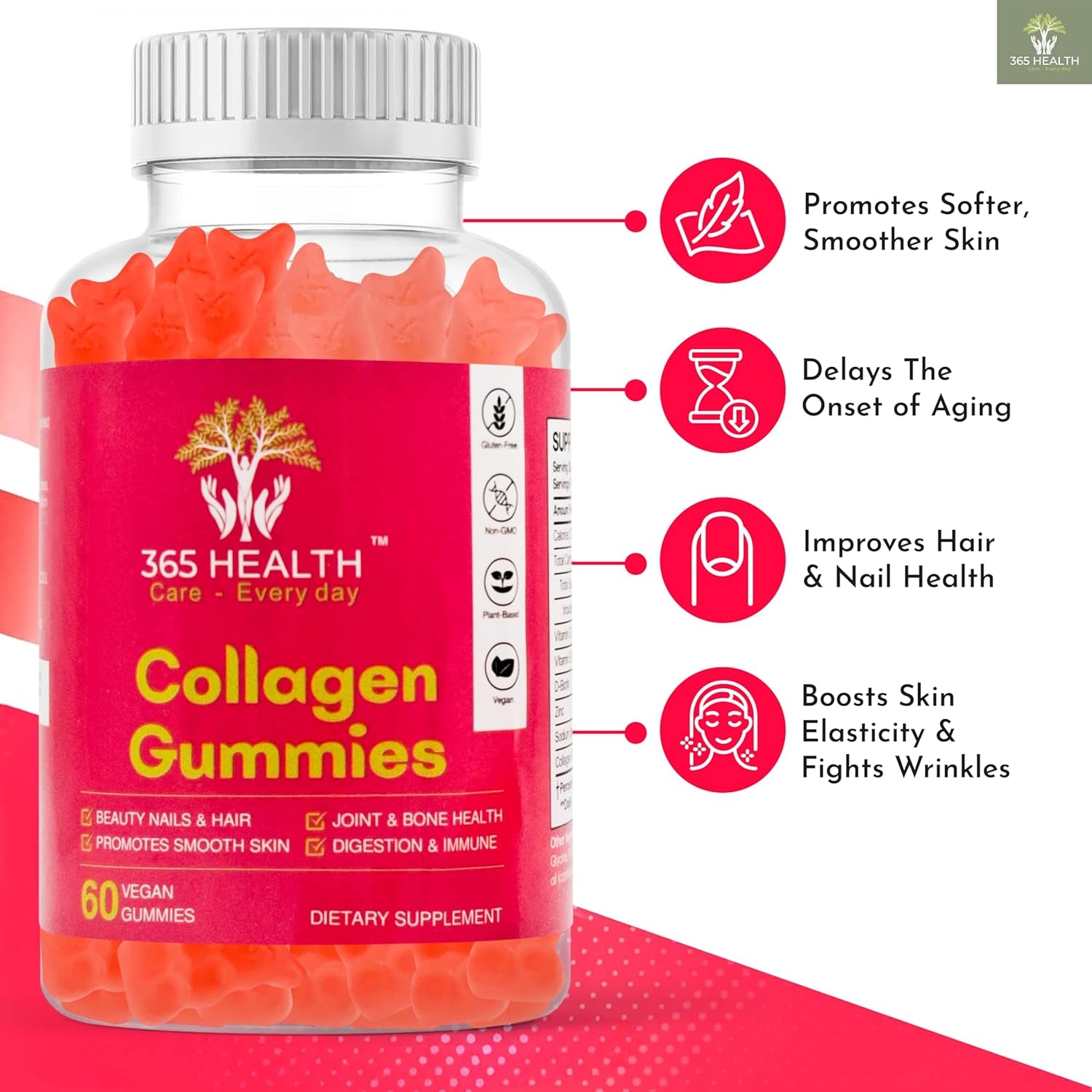 Brighter Eyes, Stronger Nails, Shiny Hair. 60X Vegan, Plant Based Collagen Gummies. Gluten Free. Delicious Strawberry Flavour. Contains Biotin + Vitamin C.