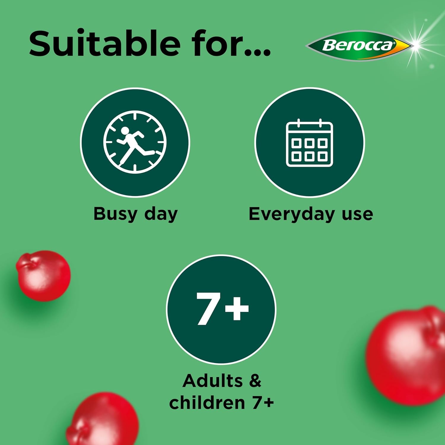 Berocca Multi-Action Multivitamin Gummies - Including Vitamin D, C, A, B-Complex (B1, B2, B3, B6, B7 & B12), E - Supplement for Women, Men and Kids - 60 Gummies - Cherry Flavour