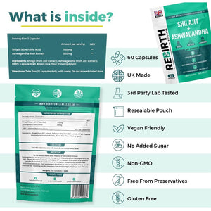 Shilajit Capsules 60 Vegan Capsules - 1300Mg per Serving with Ashwagandha Root Extract, 60% Fulvic Acid, Pure High Strength Shilajit Supplement for Stamina and Stress -