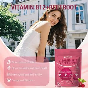 9000Mg Beetroot Extract & 1000Mcg Vitamin B12 Complex - Methylcobalamin & Adenosylcobalamin - Energy & Immune Support - Supports Blood Pressure, Vegan, Nitric Oxide Supplement - 90 Capsules