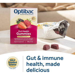 Optibac Probiotics Gut Health Gummies - Vegan Digestive Probiotic Supplement with Vitamin D, Zinc & Calcium for Immune Support & Gut Health - 5 Billion Bacterial Cultures - 30 Gummies