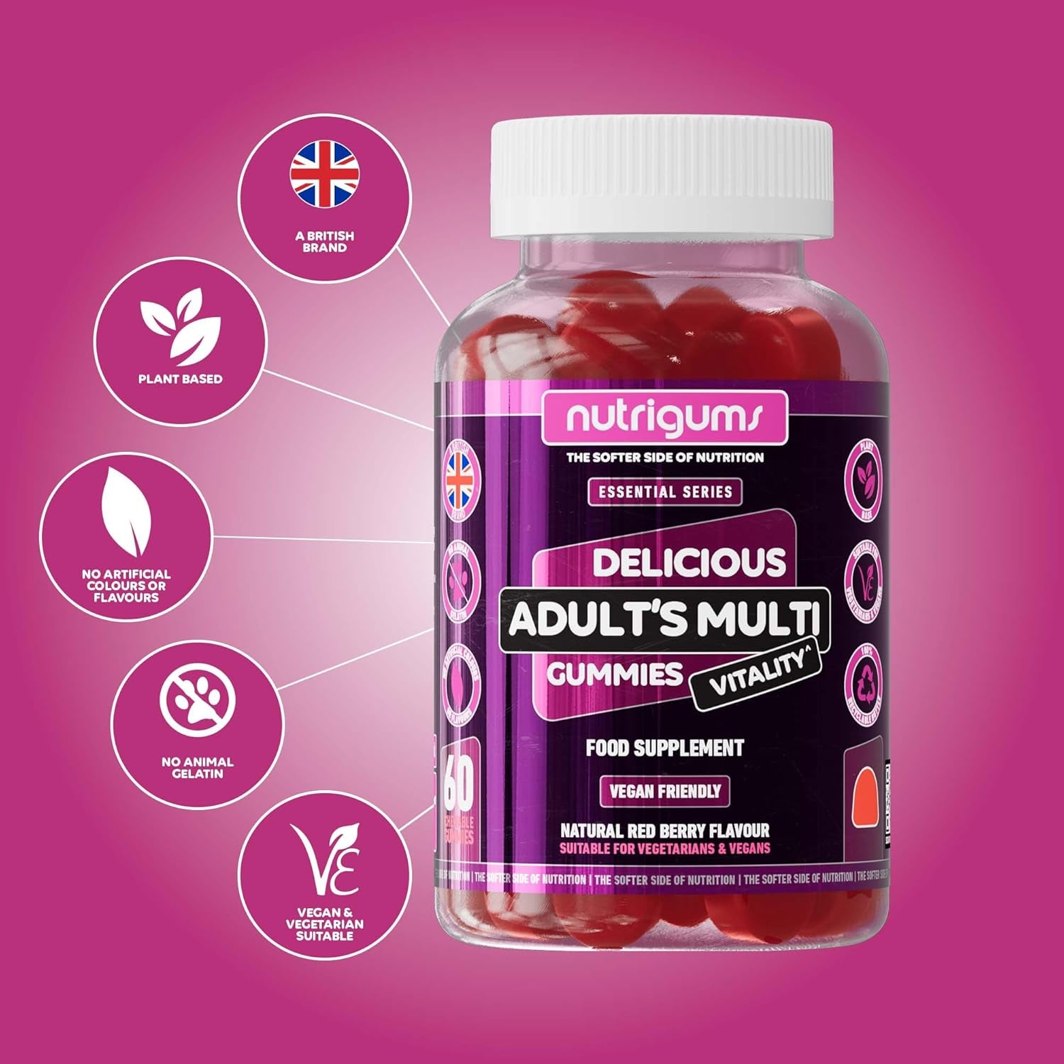 Adult Multi Vitality Gummy | 11 Essential Vitamins & Minerals A,D,E,C,B3,B6,B5,B12,Biotin, Zinc & Iodine | Mixed Berry Flavour | 60 Vegan Gummies | Support Wellbeing & Immune System by NUTRIGUMS®