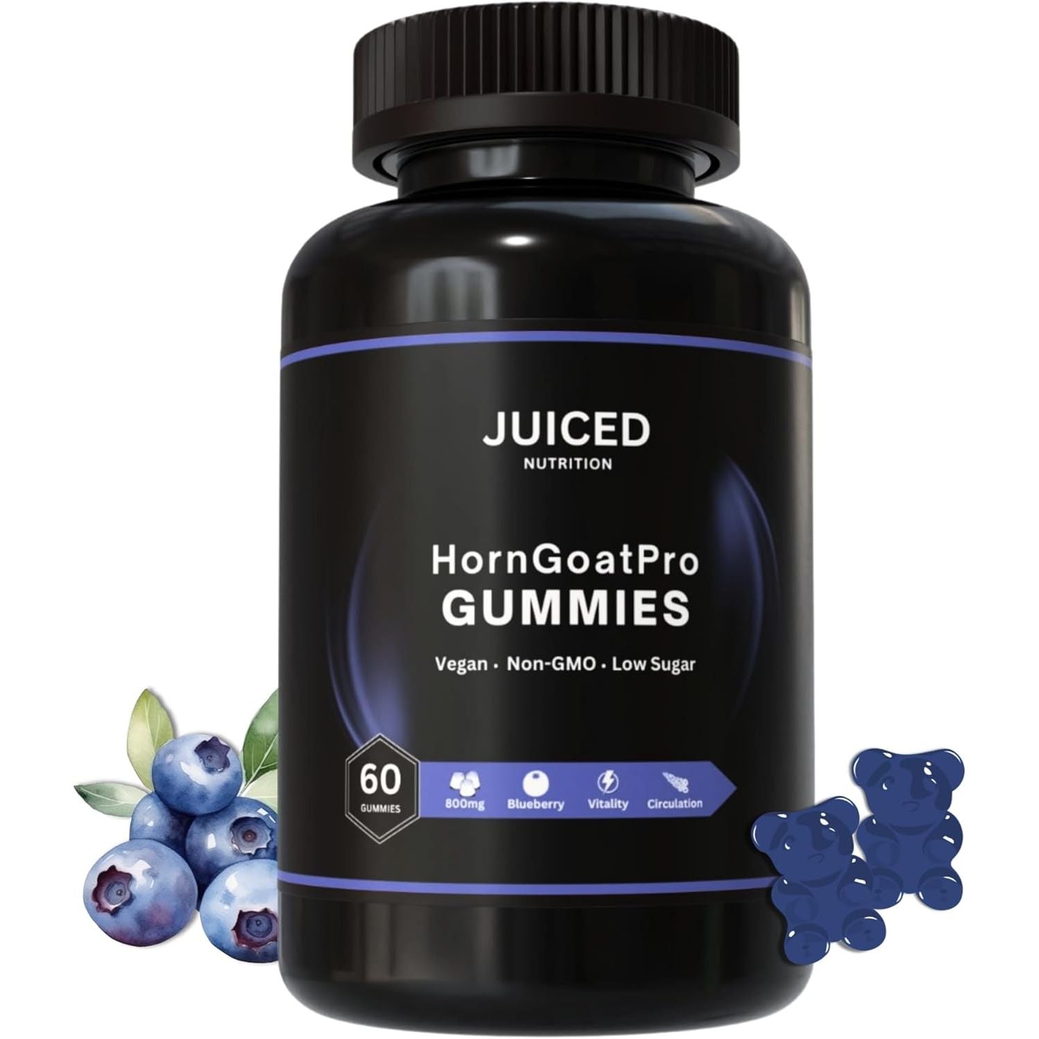 Horngoatpro Gummies - 60 Gummies Blueberry Flavour - with Added Tongaliextract, Maca Root, L-Arginine for Maximum Effect - Vegan, Non GMO, Gluten Free and Low Sugar - for Vitality
