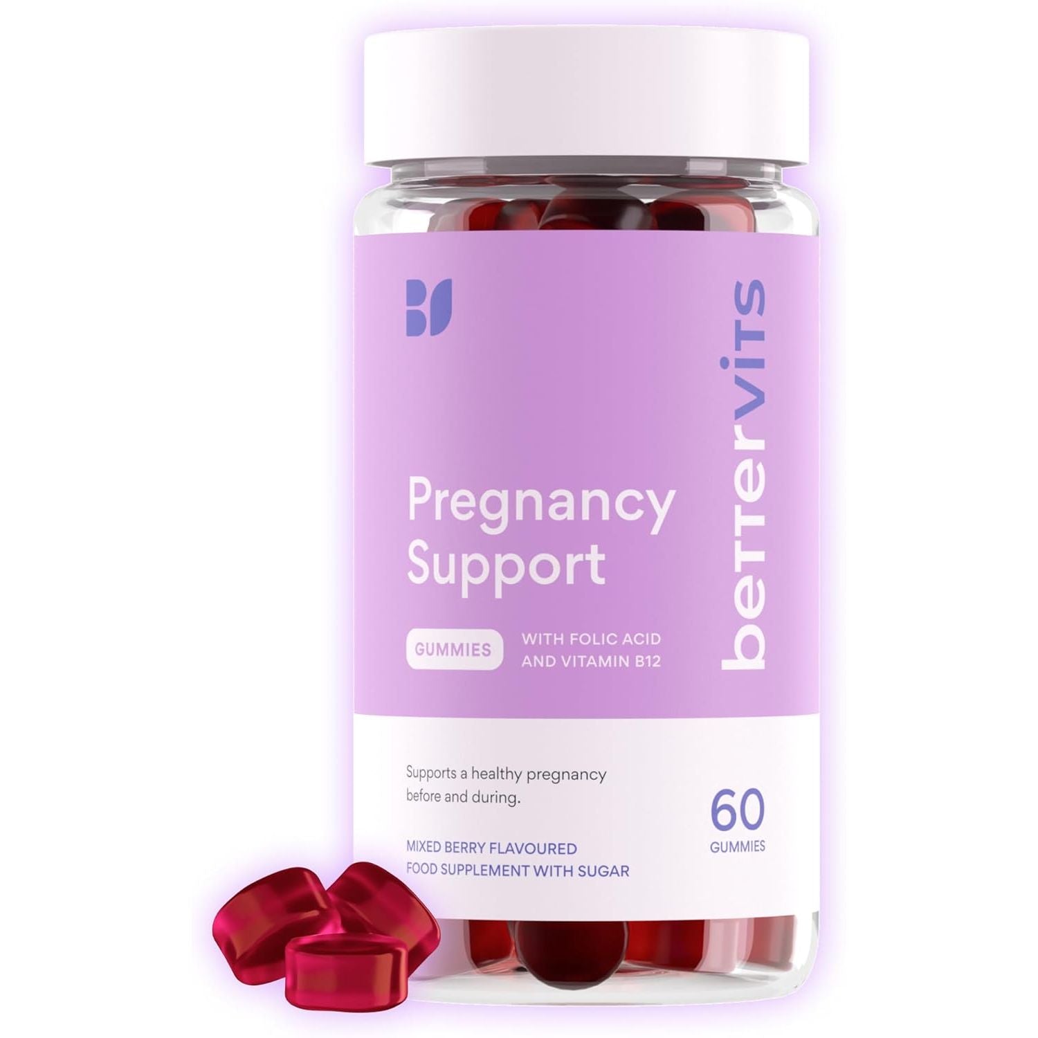 Bettervits Pregnancy Support Gummies | Pregnancy Vitamins for Women with Folic Acid & Vitamin B12 | Complete Multivitamins Complex C, D, E & Zinc | Pre and after Support - 60 Berry Gummies