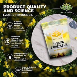 Evening Primrose Oil 1000Mg Capsules | High in Omega 6 Valuable | Pure Cold Pressed | 90 Capsules - Supplement for Women'S Health | High Strength Evening Primrose Oil - Made for Hellenia