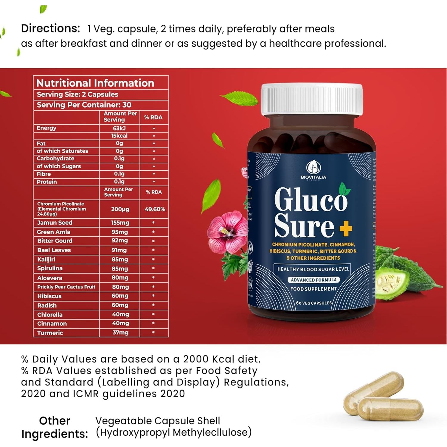 Biovitalia Gluco Sure+ Blood Sugar Control Supplement Capsules with Chromium Picolinate Cinnamon Bitter Gourd Hibiscus for Healthy Blood Sugar Levels Vegan Glucose Support Supplement - 60 Capsules