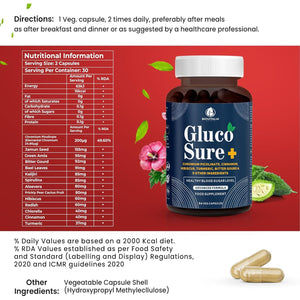 Biovitalia Gluco Sure+ Blood Sugar Control Supplement Capsules with Chromium Picolinate Cinnamon Bitter Gourd Hibiscus for Healthy Blood Sugar Levels Vegan Glucose Support Supplement - 60 Capsules