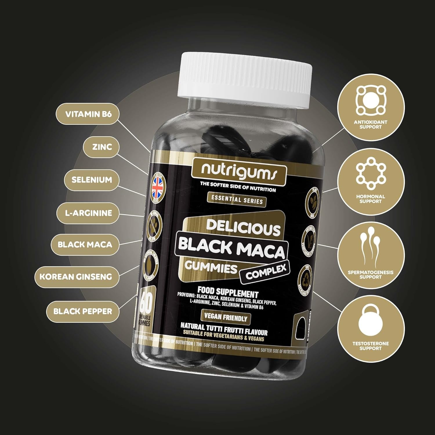 Maca Root 2000Mg Gummy | Tutti Frutti Flavour | 60 Vegan Gummies | Black Maca, Korean Ginseng, L-Arginine, Black Pepper, B6, Zinc & Selenium | High Strength | for Energy & Performance by NUTRIGUMS®