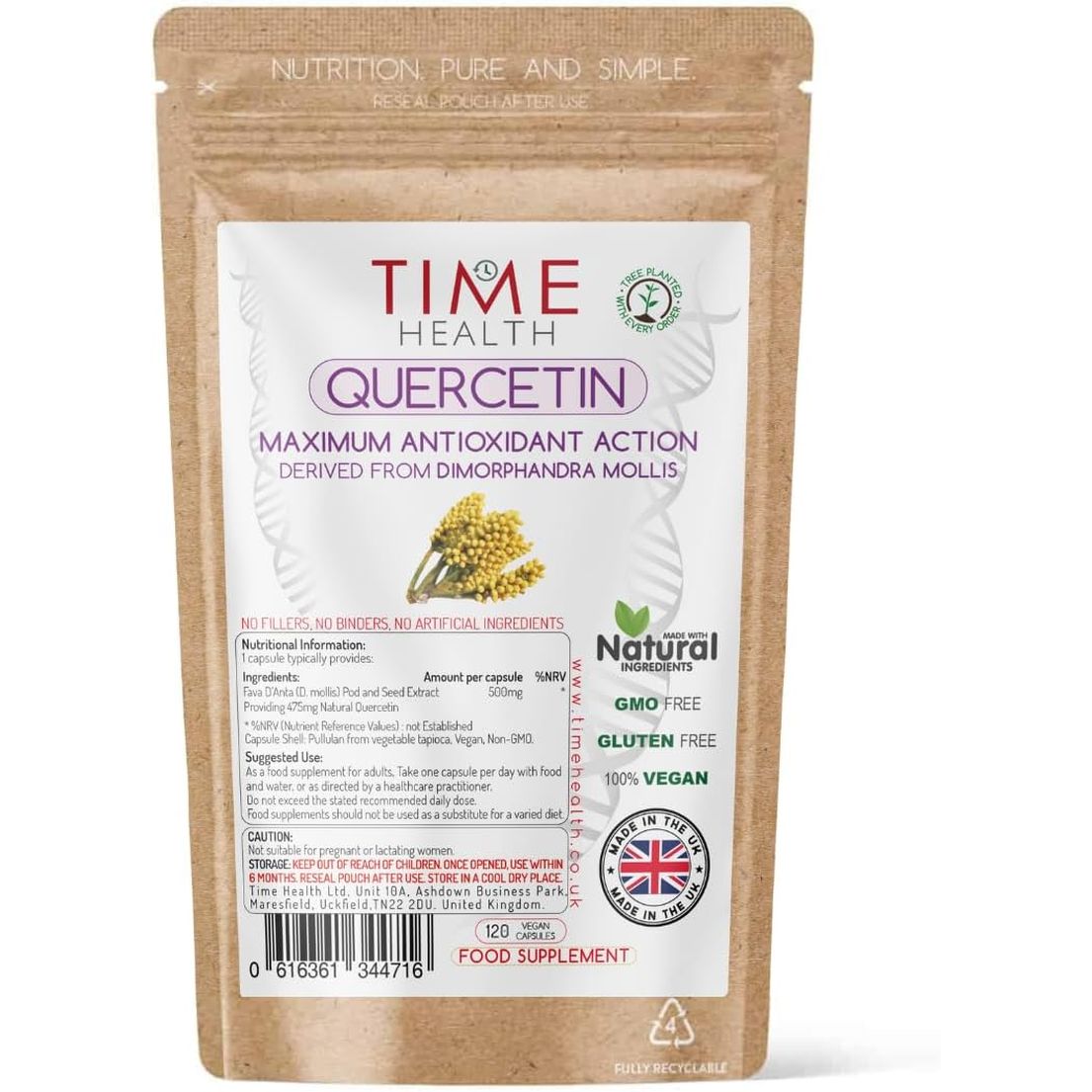Quercetin Capsules - Naturally Derived - Maximum Antioxidant Action - UK Made - Free from Synthetic Additives - Vegan - Pullulan (120 Capsule Pouch)