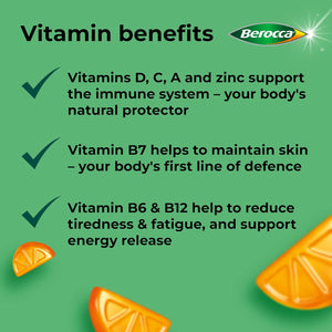 Berocca Immuno Multivitamin Gummies - Immune System Support Including Vitamin D, C, A, B-Complex (B6, B7, B12), E and Zinc - Supplement for Women, Men and Kids - 60 Gummies - Orange Flavour