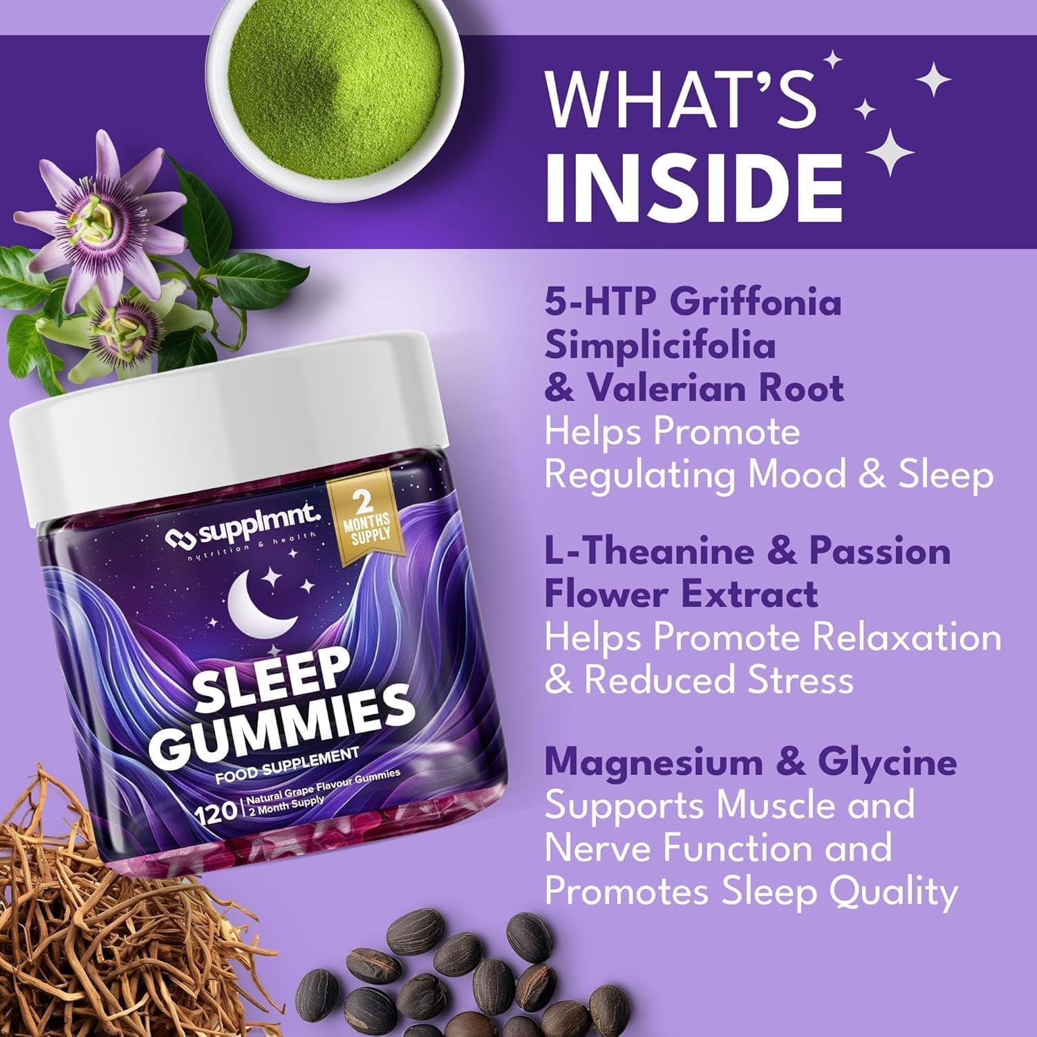 Supplmnt. Sleep Gummies for Adults | 4-Month Supply Sugar Free, Vegan – with Natural 5HTP Griffonia Seed & Valerian Root Extract, Magnesium, L-Theanine, Glycine | Grape Flavour Sleep Supplement, 120Ct