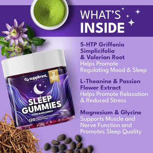Supplmnt. Sleep Gummies for Adults | 4-Month Supply Sugar Free, Vegan – with Natural 5HTP Griffonia Seed & Valerian Root Extract, Magnesium, L-Theanine, Glycine | Grape Flavour Sleep Supplement, 120Ct