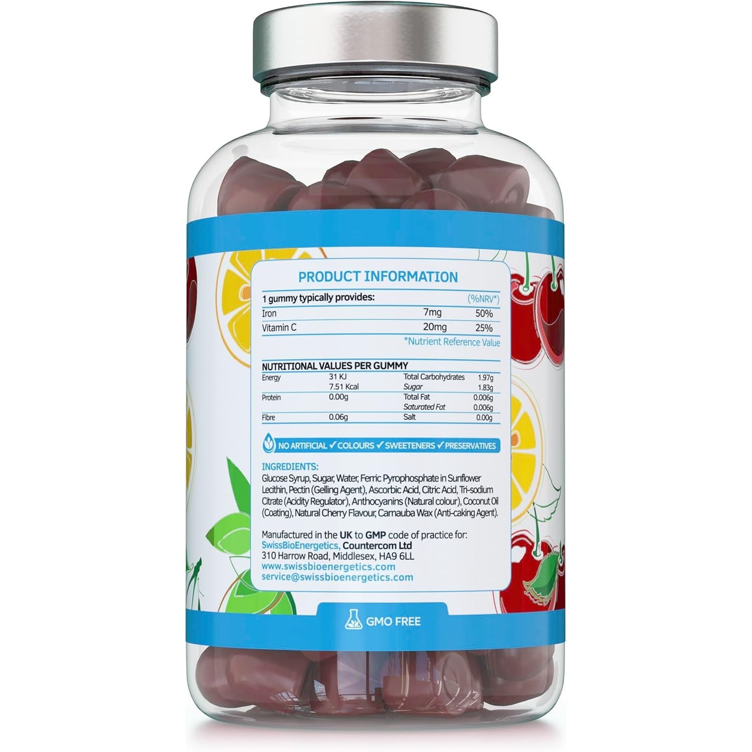 Iron Gummies with Added Vitamin C - 60 Natural Cherry Flavour Chewable Yummy Gummies - 2 Month Supply - Efficient Absorption and Gentler Digestion Formula - Made in the UK