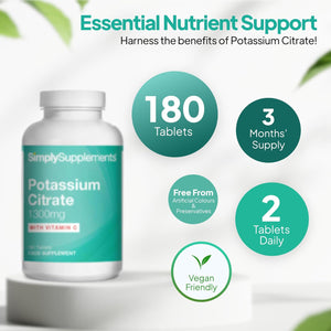 Potassium Citrate Tablets 1300Mg | with Added Vitamin C | 180 Tablets = 3 Month Supply | Vegan-Friendly Formula | Made in the UK