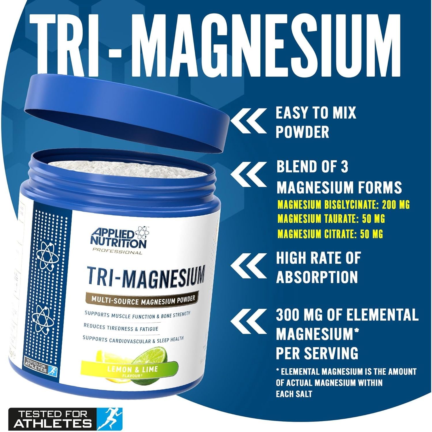 Applied Nutrition Tri-Magnesium Powder 3 in 1 - Magnesium Glycinate Supplements for Bone, Muscle, Nervous System Sleep Health - 300 Mg per Serving (200G - 50 Servings) (Lemon & Lime)