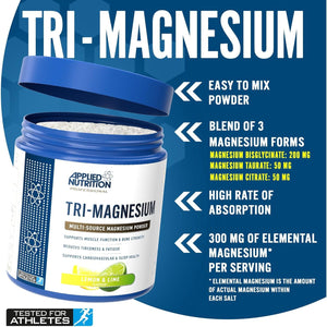 Applied Nutrition Tri-Magnesium Powder 3 in 1 - Magnesium Glycinate Supplements for Bone, Muscle, Nervous System Sleep Health - 300 Mg per Serving (200G - 50 Servings) (Lemon & Lime)