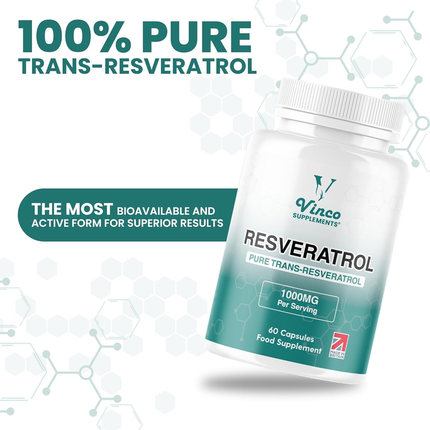 Vinco Resveratrol 1000Mg, 60 Capsules - 100% Pure Trans-Resveratrol Supplement for Cellular Health and Cardiovascular Wellness - Non-Gmo & Gluten Free - Made in the UK