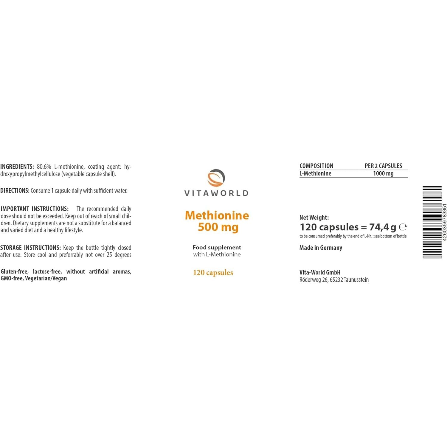 Vita World Methionine 500 Mg L 120 Capsules L 1000 Mg L-Methionine per Dose L Vegan L Amino Acid