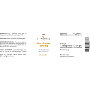 Vita World Methionine 500 Mg L 120 Capsules L 1000 Mg L-Methionine per Dose L Vegan L Amino Acid