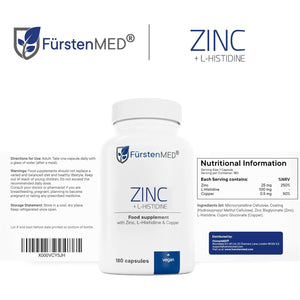 Fürstenmed® 180 Zinc Capsules - 25Mg of Pure Zinc-Bisglycinate with L-Histidine & Copper - Vegan & Additive-Free