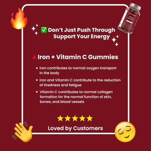 Iron and Vitamin C Gummies for Kids & Adults | 7Mg Gentle Iron, 20Mg Vitamin C Chewable | Vegan Natural Cherry Flavour | 2 Month Supply