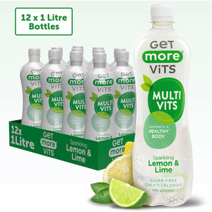 Get More Vits Sparkling Water - Low Calorie, Sugar Free, & Multivitamin Flavoured Water - Fizzy Drink with Vitamin D, C, & B Vitamins - Lemon & Lime Spring Water - 1 Litre Bottles, Pack of 12