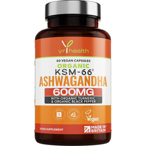 Organic Ashwagandha KSM-66 Capsules 5% Withanolides Added Organic Turmeric and Black Pepper, Certified by Soil Association, Vegan Registered Ashwagandha Powder Capsules, Made in the UK by Yrhealth