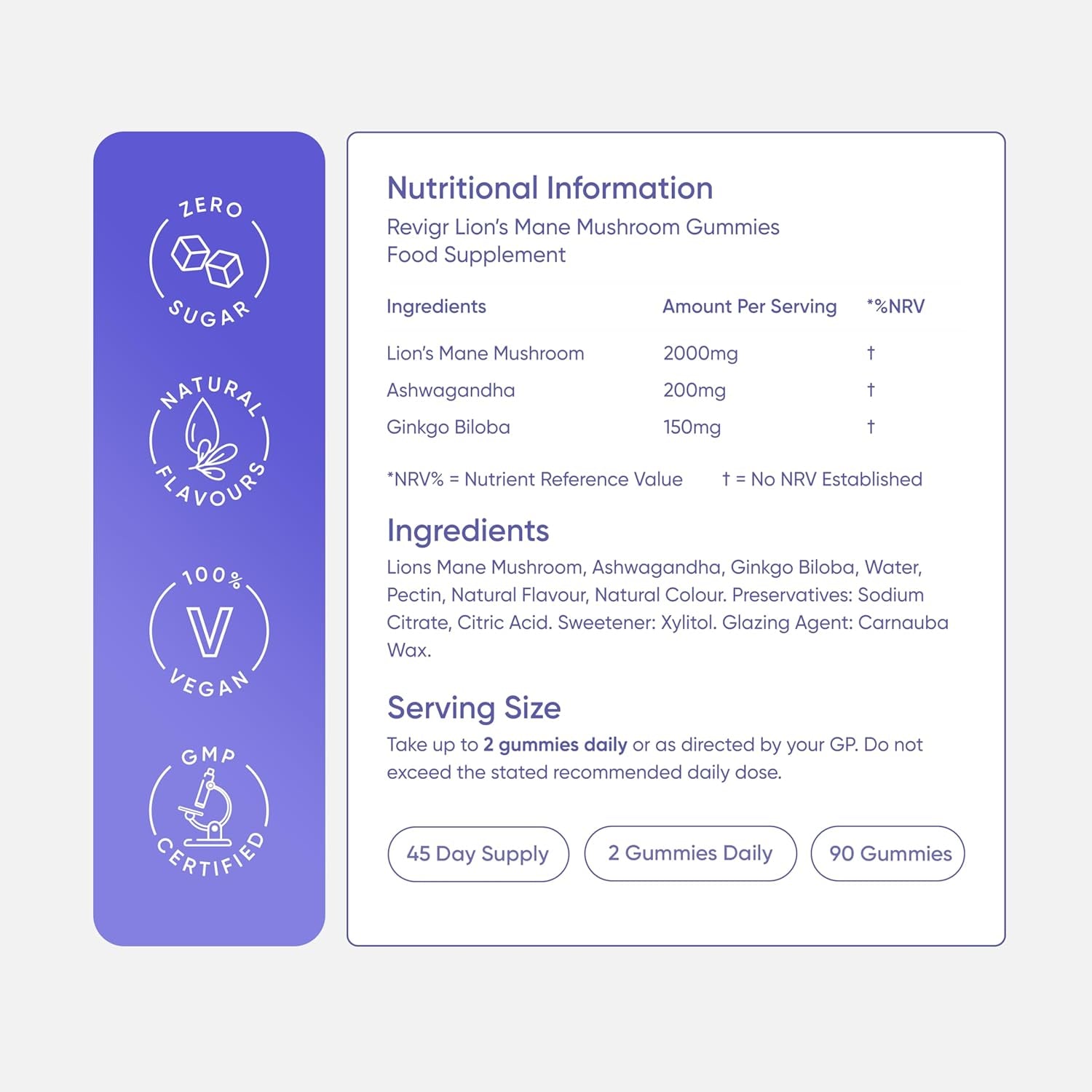 Revigr, 2000Mg, 90 Lion'S Mane Mushroom Gummies, + 200Mg Ashwagandha, + 150Mg Ginkgo Biloba, Nootropics for Cognition, Mood, Immunity & Inflammation, Vegan & Sugar-Free, Mixed Berry (45 Days Supply)