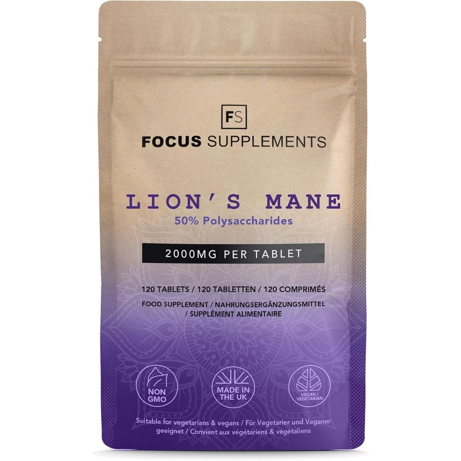 FS Lions Mane | 120 Lion'S Mane Tablets - 2000Mg Lionsmane per Serving | High Strength Lionsmane Mushroom Supplement | Non-Gmo, Gluten & Allergen Free | Made in the UK