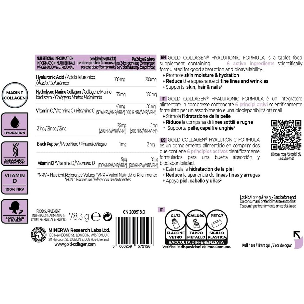 GOLD COLLAGEN Hyaluronic Formula - Collagen Supplements for Women Enhanced with Vitamin D, Vitamin C, Hyaluronic Acid & Zinc, 90 Tablets - Collagen Tablets for Skin Hydration, Hair, Nail & Joint Care