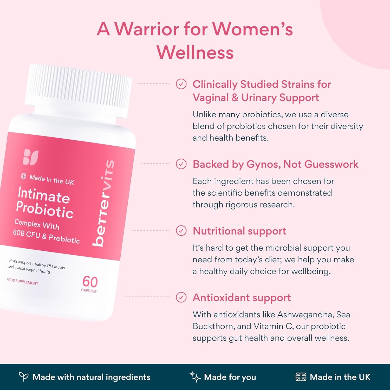 Bettervits Intimate Probiotics for Women & Bacterial Vaginosis Care | Vaginal Probiotics for Intimate Flora with Ashwagandha, Vitamin C, D3 Complex - Supports Gut Health & PH Balance - 60 Capsules