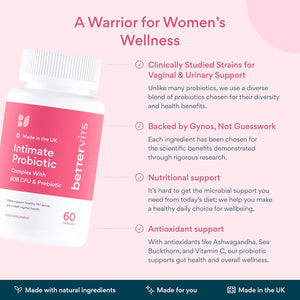 Bettervits Intimate Probiotics for Women & Bacterial Vaginosis Care | Vaginal Probiotics for Intimate Flora with Ashwagandha, Vitamin C, D3 Complex - Supports Gut Health & PH Balance - 60 Capsules