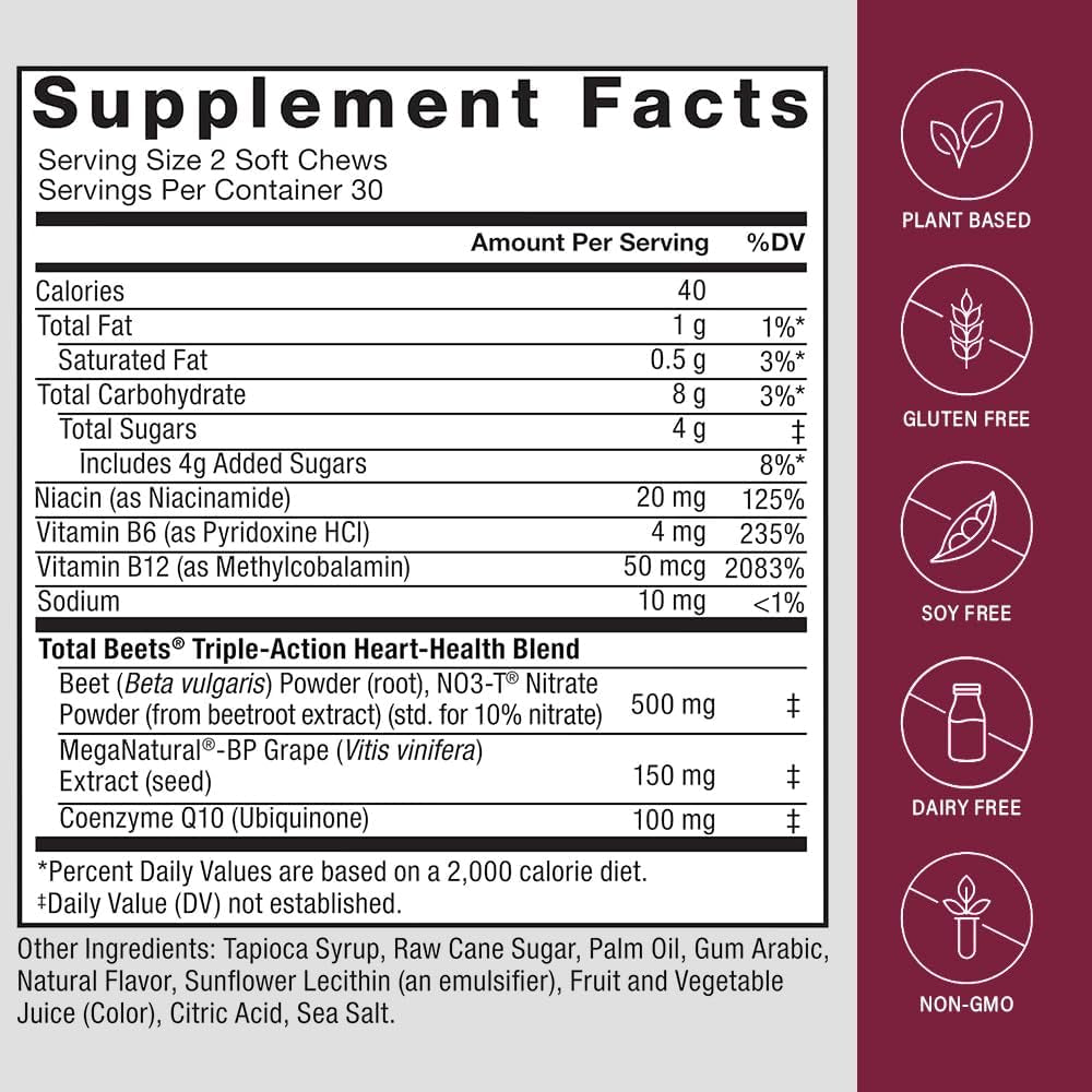Govixed Beets Ultimate Heart Health Chews for Blood Pressure Support, with Beetroot Powder, Coq10, B Vitamins & Grapeseed, Pomegranate Berry, 60 Soft Chews