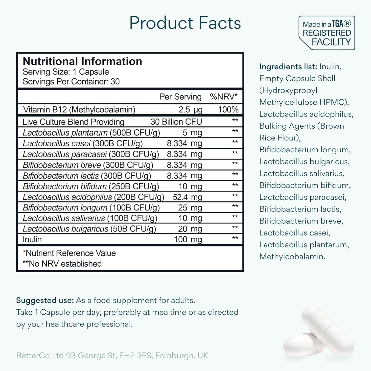 Bettervits Probiotics for Gut Health | 30 Billion CFU for Adults | Bloating Relief & Complete Gut Repair | with Acidophilus, Prebiotic Inulin, Vitamin B12 & Lactobacillus | 30 Capsules