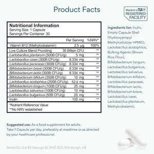 Bettervits Probiotics for Gut Health | 30 Billion CFU for Adults | Bloating Relief & Complete Gut Repair | with Acidophilus, Prebiotic Inulin, Vitamin B12 & Lactobacillus | 30 Capsules