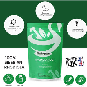 Black Swan Rhodiola Root Capsules - 1000Mg Enhanced Energy Level Immune System Support Weight Management Muscle Support Natural Vegan Supplement - 30 Capsules 1 Month Supply