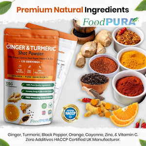 Foodpura 135G Ginger & Turmeric Shot Drink Powder 135 Servings with Orange Cayenne Black Pepper Vitamin C & Zinc 100% RDA Natural Supplement No Added Sugar Immunity Energy & Inflammation Support