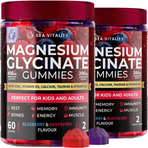 Magnesium Glycinate Gummies for Kids & Adults - High Strength Magnesium Glycinate 400Mg with Malate, Zinc, D3, B6 & Taurine – Blueberry & Raspberry Flavours – Sleep, Focus & Relaxation – 120 Chews