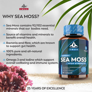 High Strength Sea Moss 4000Mg Capsules (180 Count) - Natural Source of Iodine - Wild Harvested - Vegan Friendly (3 Months Supply) - GMO Free, Gluten-Free, Made in the UK