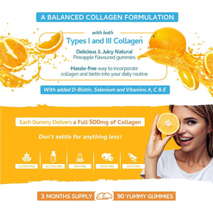 Collagen Complex - 90 Natural Orange Flavour Chewable Yummy Gummies - One a Day 500Mg Bovine Collagen, Biotin, Vitamin C, Selenium, Vits B6 and B12 – Healthy Skin and Hair for Men and Women – UK Made
