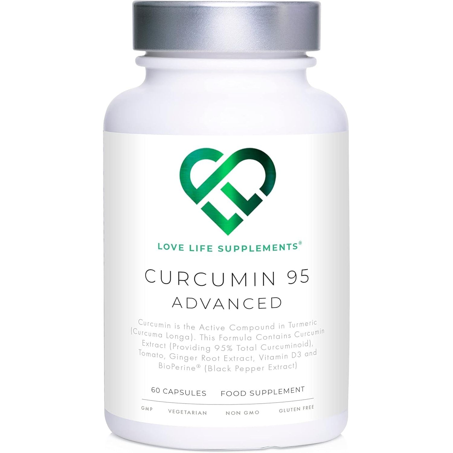 Curcumin 95 Advanced, 60 Capsules, High Strength Curcumin (The Active Component of Turmeric) with 95% Curcuminoids + Bioperine® (Black Pepper Extract), Vitamin D, Tomato and Ginger Root, GMP Approved